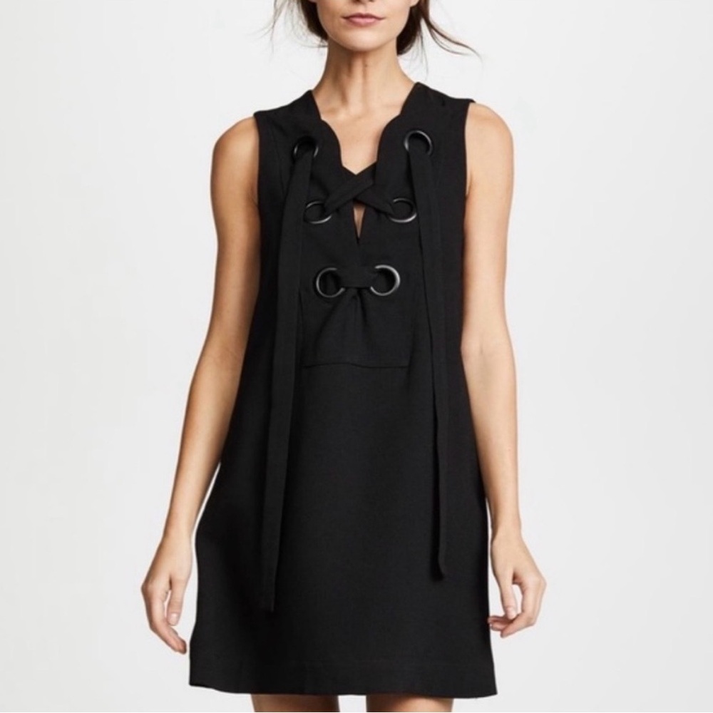English Factory Lace Up Front Sleeveless LBD Mini Dress in Black, Size L, EUC